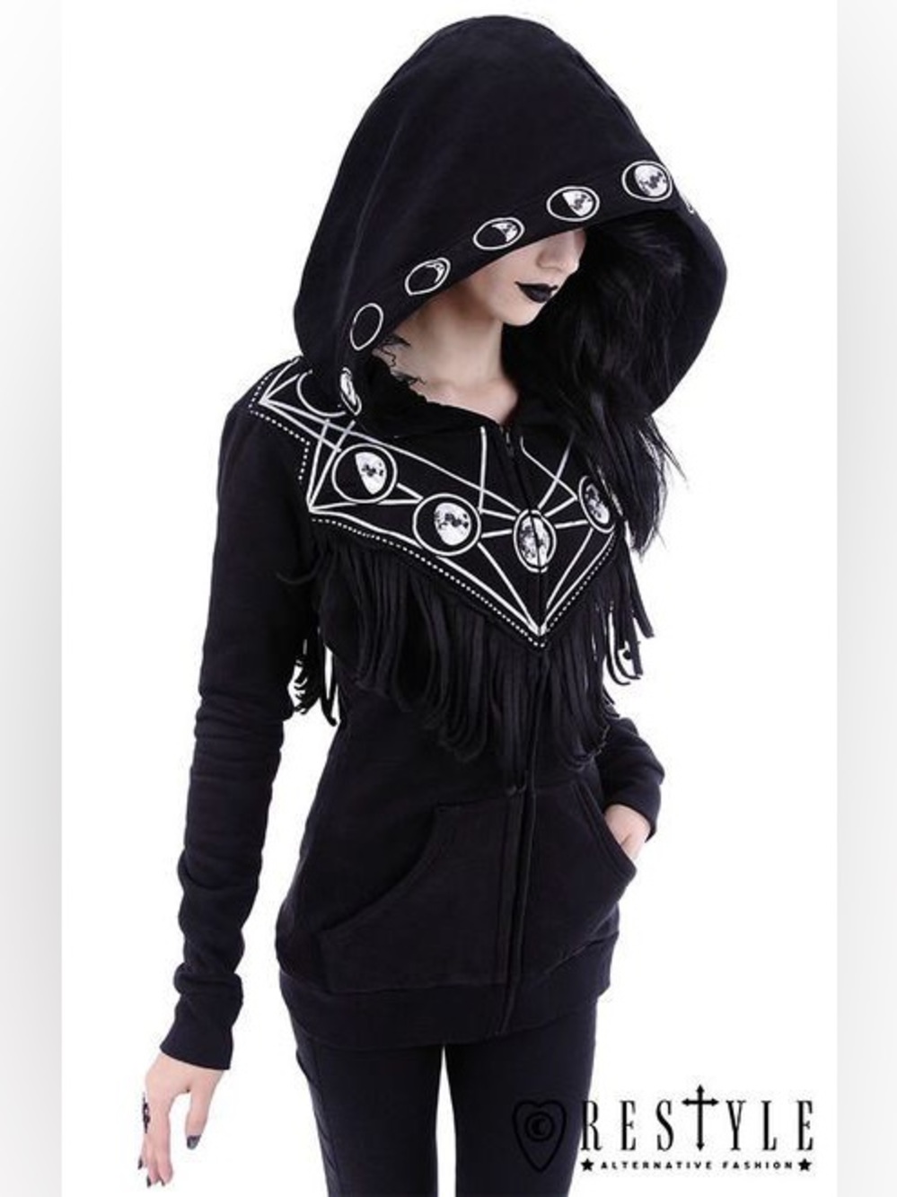 Restyle XS Black moon phases Gothic Hooded Fringe Zip-Up Top